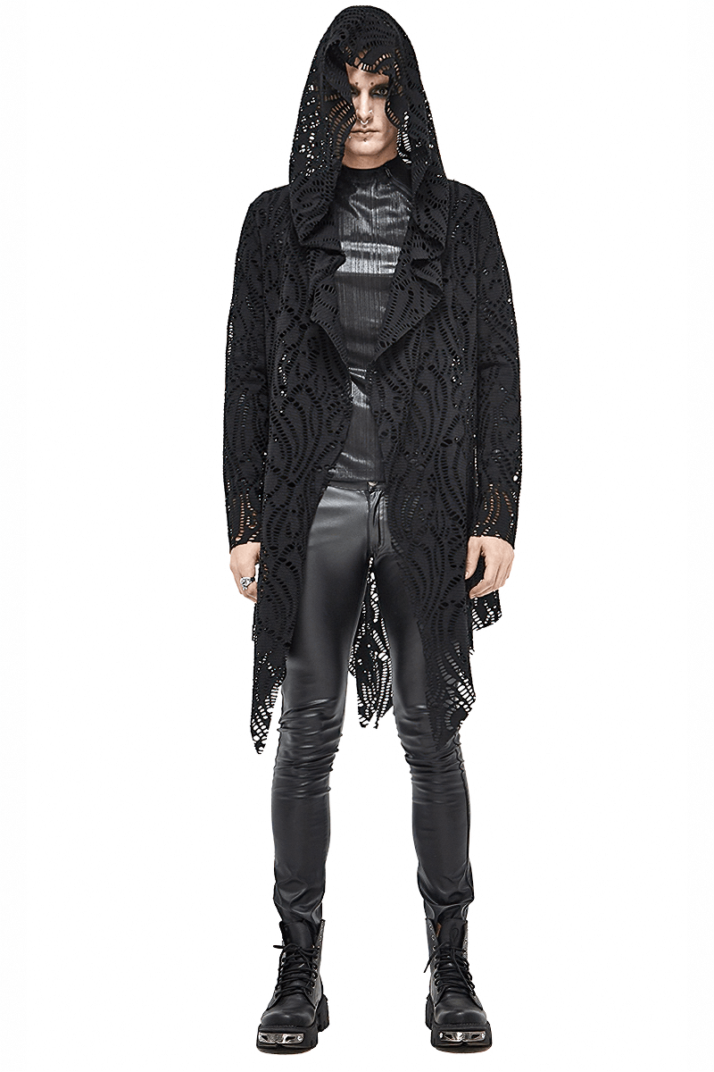 Gothic Lace-up Black Crochet Coat with Hood / Long Trench Coat For Men - HARD'N'HEAVY