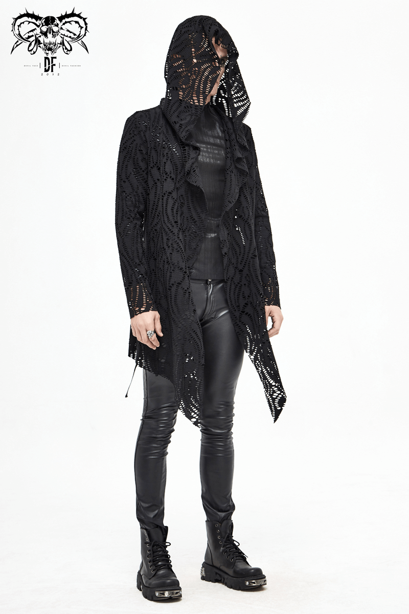 Gothic Lace-up Black Crochet Coat with Hood / Long Trench Coat For Men - HARD'N'HEAVY