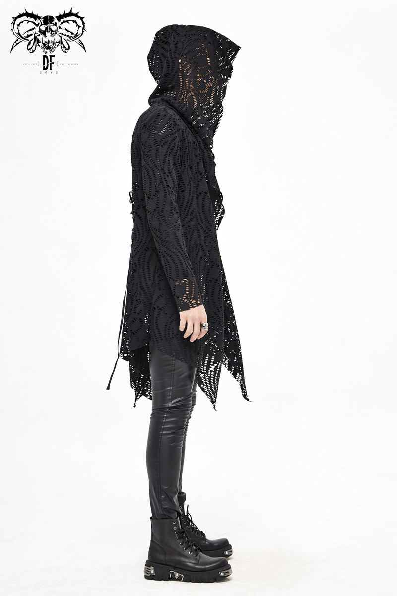 Gothic Lace-up Black Crochet Coat with Hood / Long Trench Coat For Men - HARD'N'HEAVY