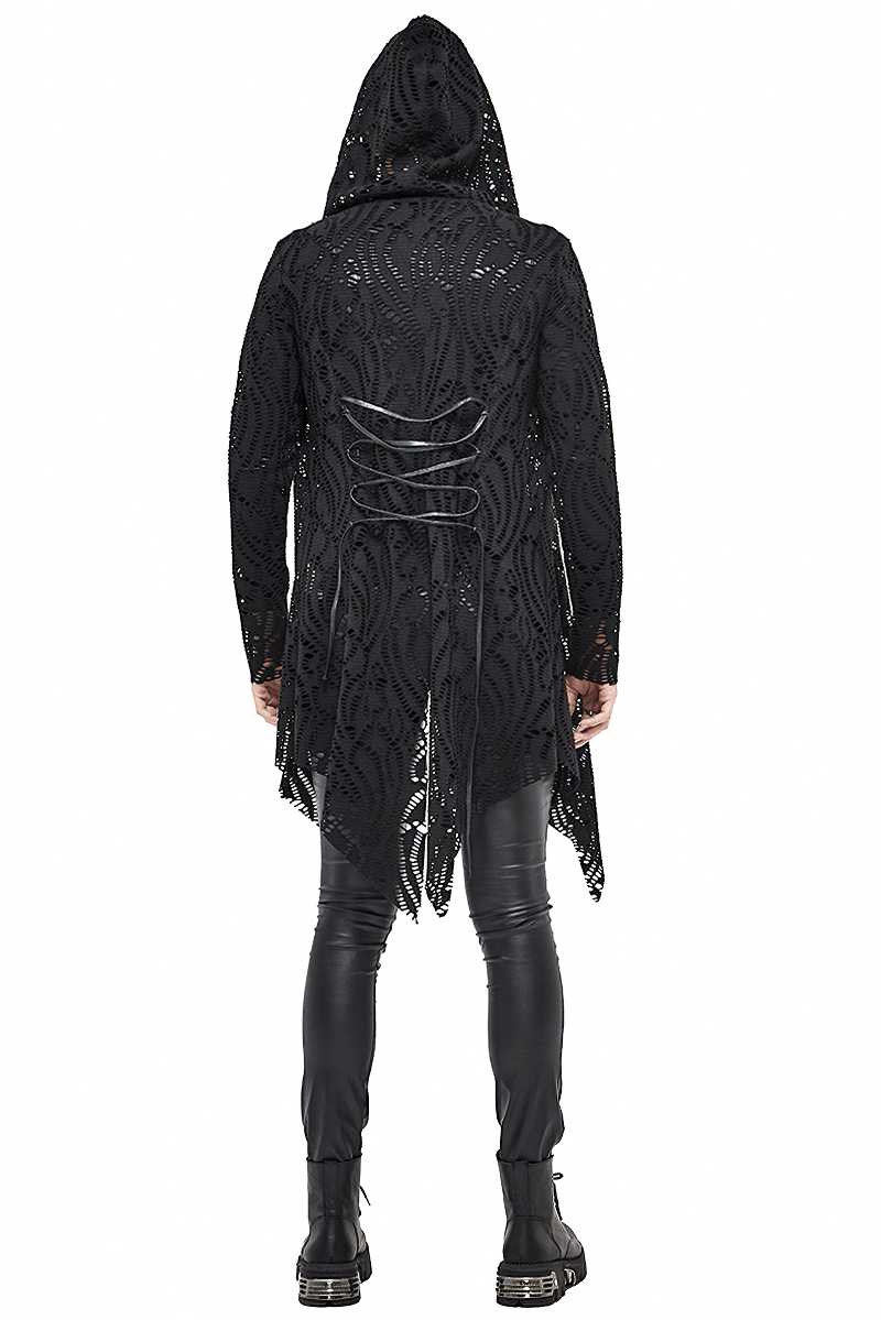 Gothic Lace-up Black Crochet Coat with Hood / Long Trench Coat For Men - HARD'N'HEAVY