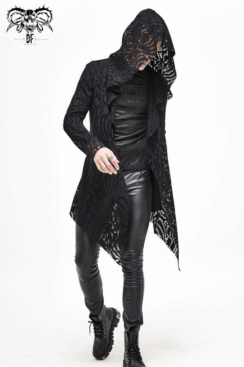 Gothic Lace-up Black Crochet Coat with Hood / Long Trench Coat For Men - HARD'N'HEAVY