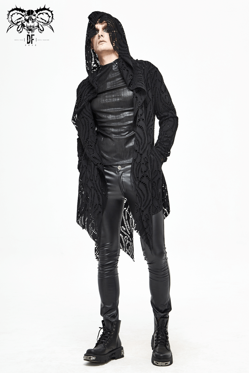 Gothic Lace-up Black Crochet Coat with Hood / Long Trench Coat For Men - HARD'N'HEAVY