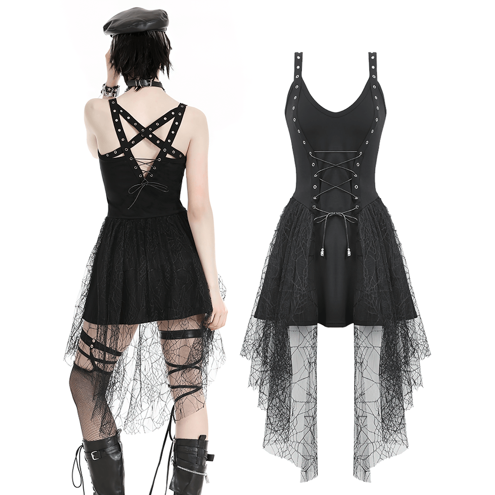 Gothic black lace-up dress with spider web mesh skirt and strappy back for a unique, stylish look.