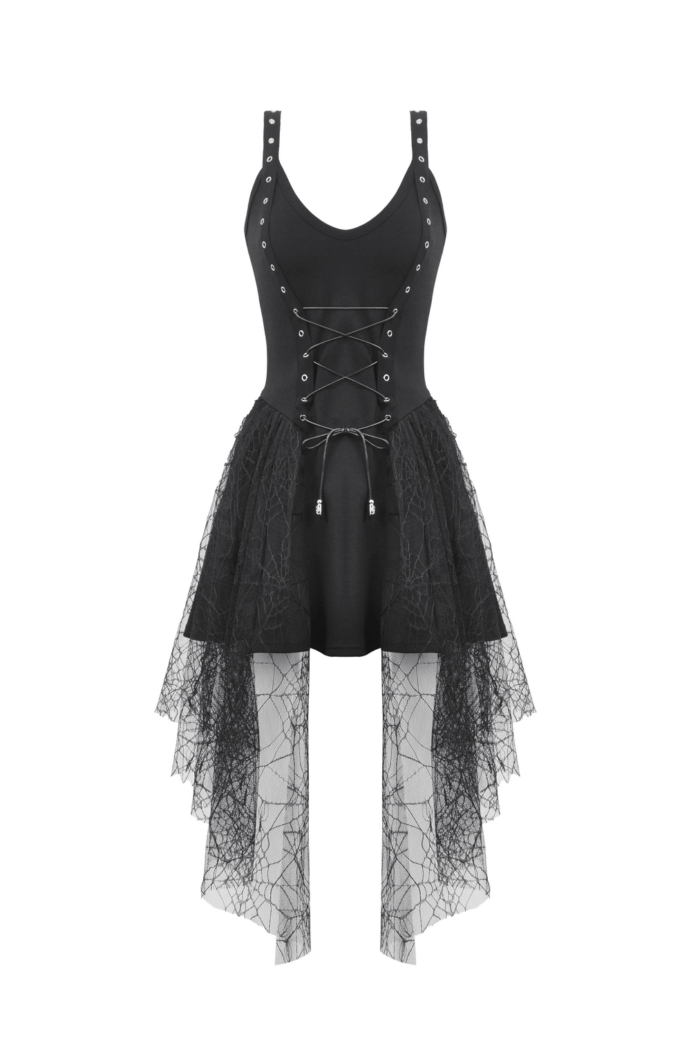 Gothic lace-up black dress with spider web mesh skirt, perfect for adding dark elegance to any outfit.