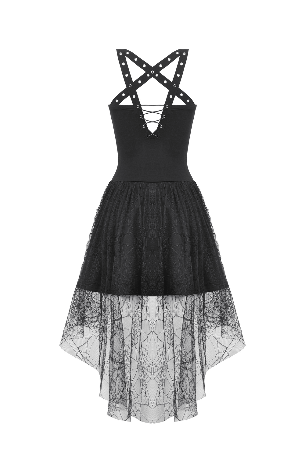 Gothic lace-up black dress with spider web mesh skirt and crisscross straps for a mysterious flair.