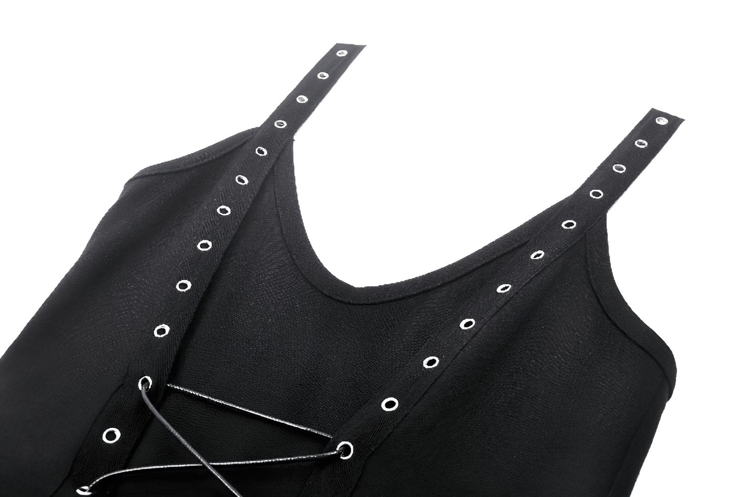 Close-up of the lace-up front and straps of a gothic black dress with eyelets.