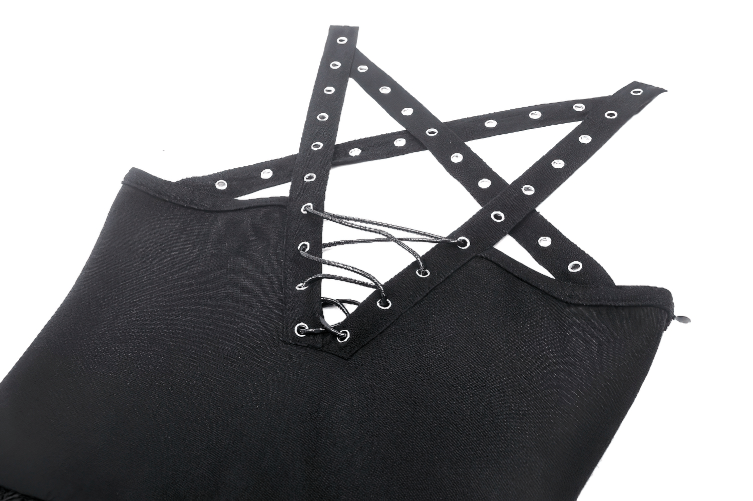 Close-up of gothic black dress lace-up bodice with intricate crisscross straps and silver eyelets.