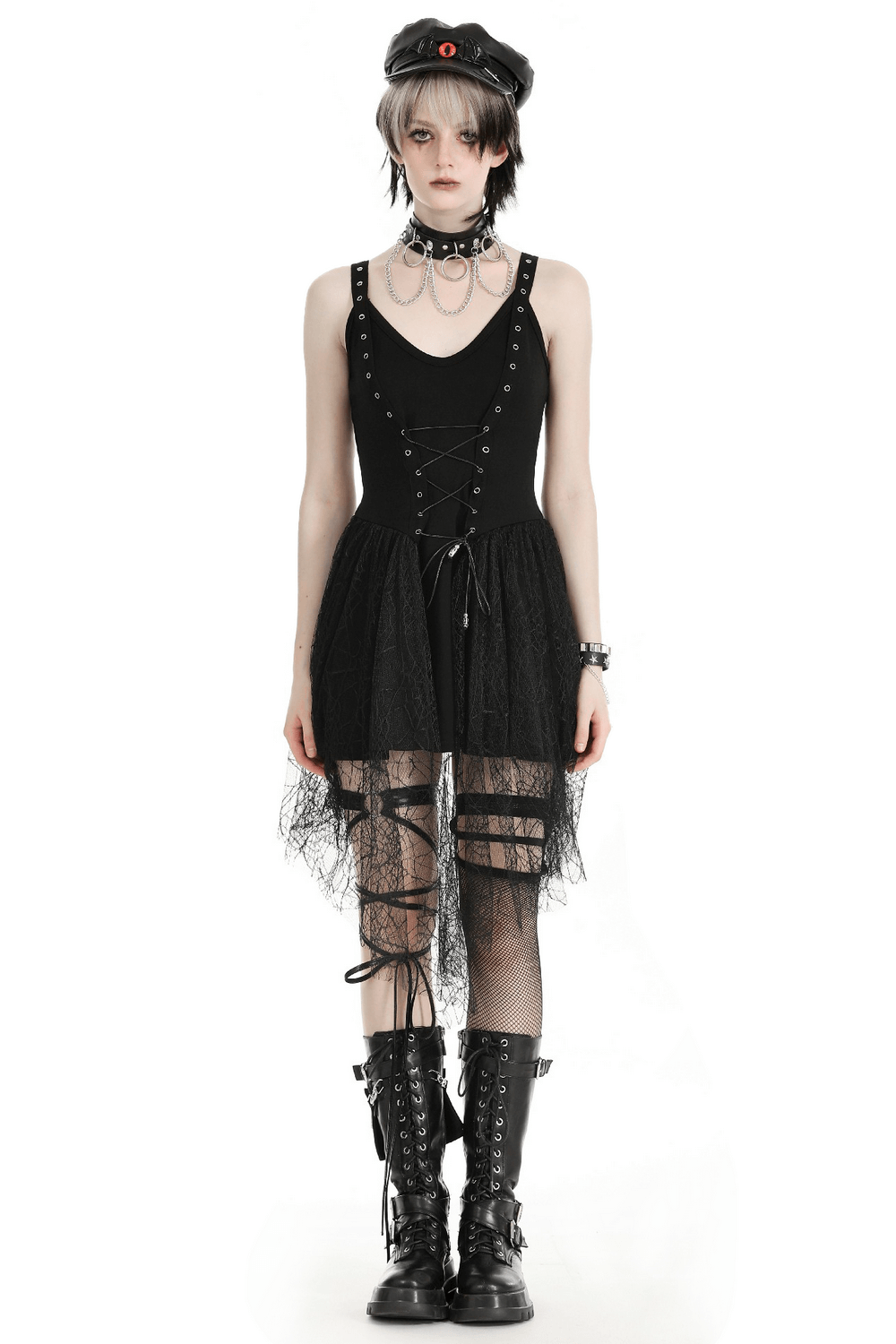 Gothic lace-up black dress with spider web mesh skirt, perfect for a mysterious night out.