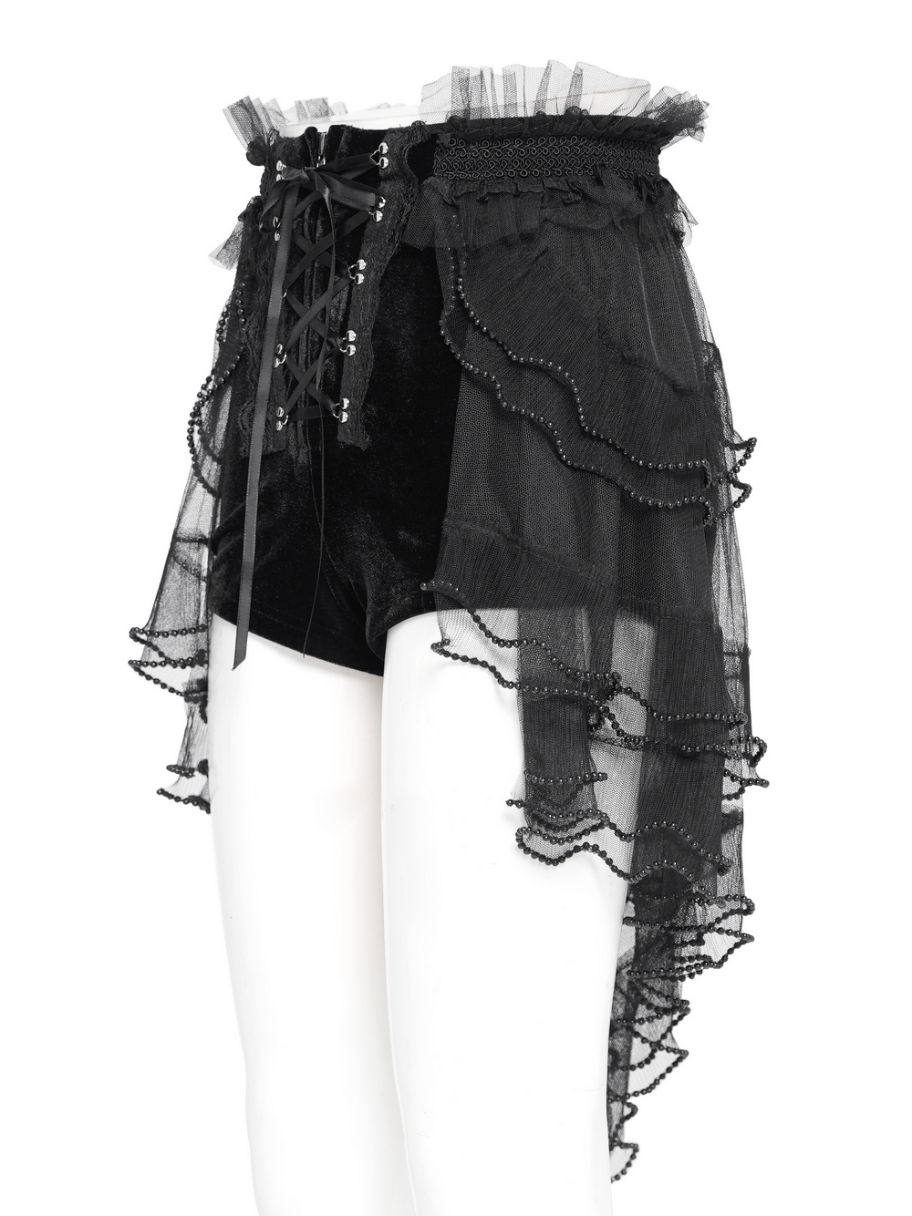 Gothic black ruffled lace-up shorts with tulle overlay and tie detail, perfect for edgy alternative fashion.