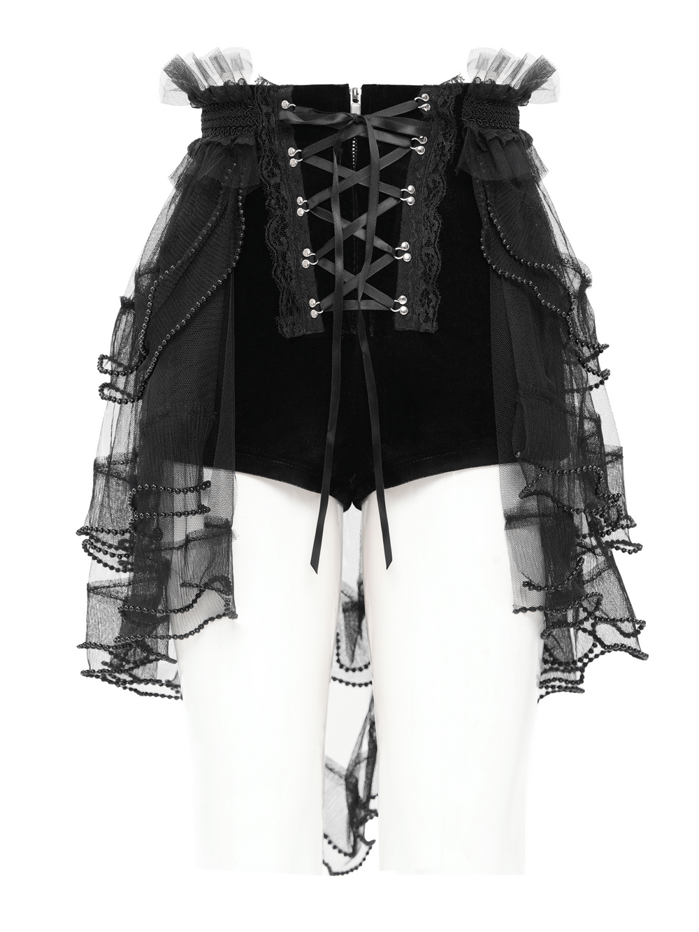 Gothic lace-up black ruffled shorts with tie detail and tulle accents for edgy fashion statements.