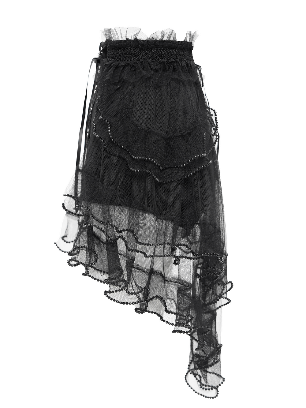 Gothic Lace-Up Black Ruffled Shorts with Tie Detail featuring tulle layers and beaded accents for a bold alternative look.