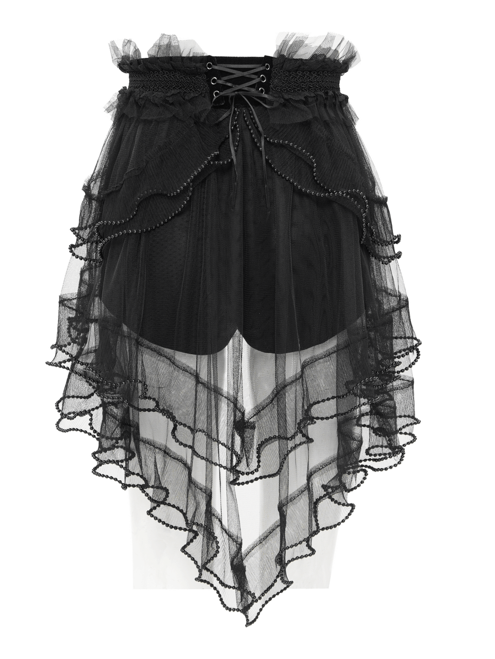 Gothic lace up black shorts with ruffled tulle, intricate beading, and edgy design for alternative outfits.