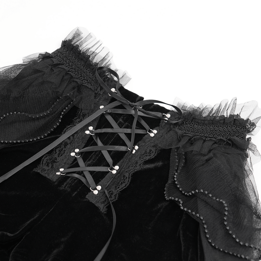 Gothic lace-up black shorts with ruffled tulle and tie detail, perfect for edgy, alternative fashion.