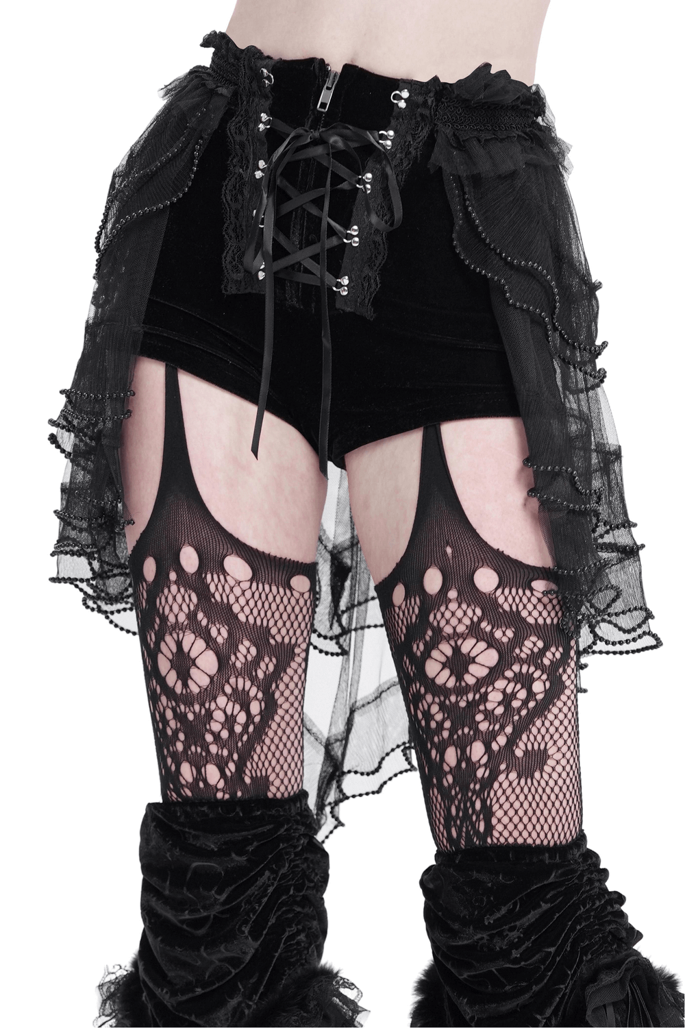 Gothic lace-up black ruffled shorts with tulle overlay and intricate beaded details, perfect for edgy alternative fashion.