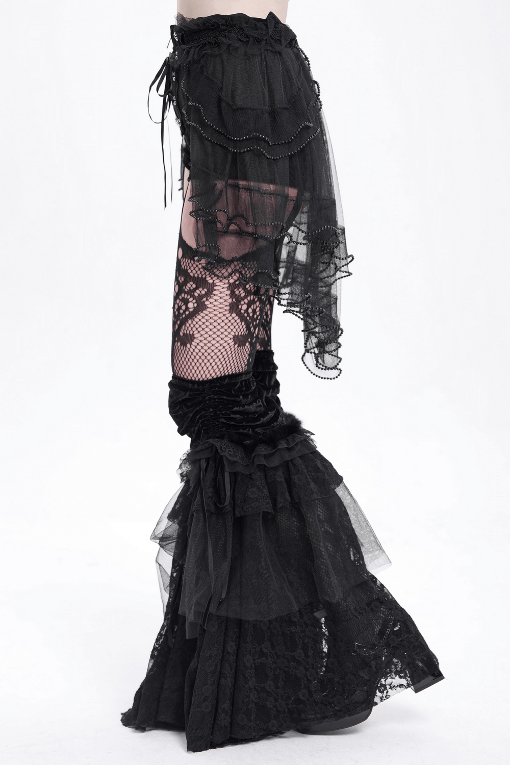Edgy Gothic lace-up shorts with ruffled tulle and intricate lace details, perfect for alternative fashion.
