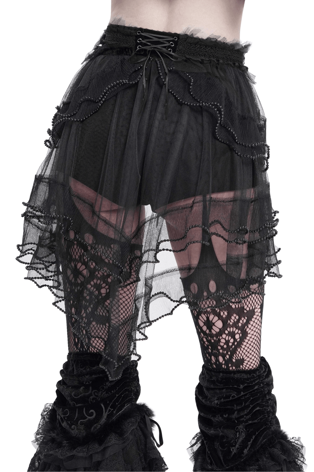 Gothic lace-up black ruffled shorts with tulle layers and tie detail, perfect for punk and alternative fashion.