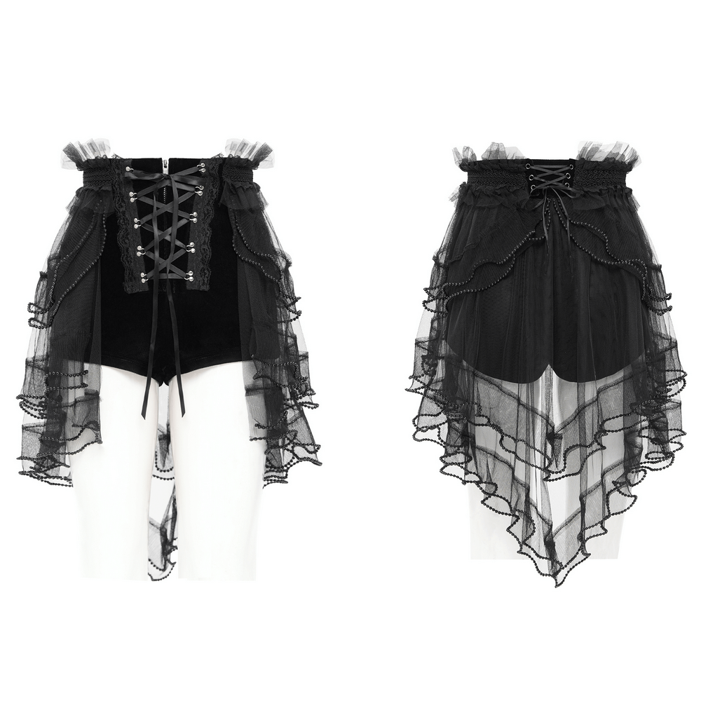 Gothic lace-up black ruffled shorts with tie detail and tulle accents for edgy fashion.