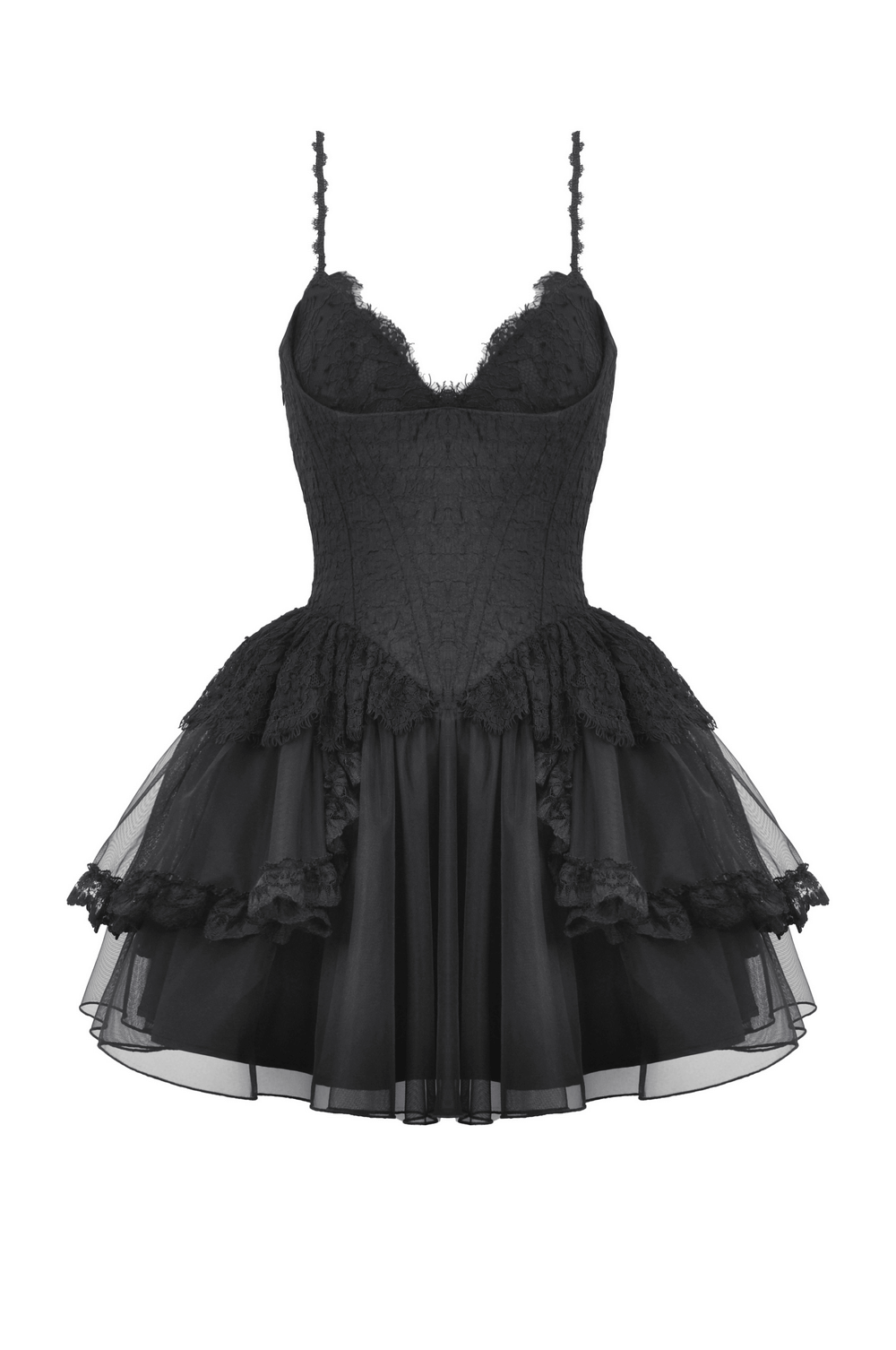 Gothic lace-up black tulle dress with corset bodice and layered skirt, perfect for themed parties and dramatic evening events.