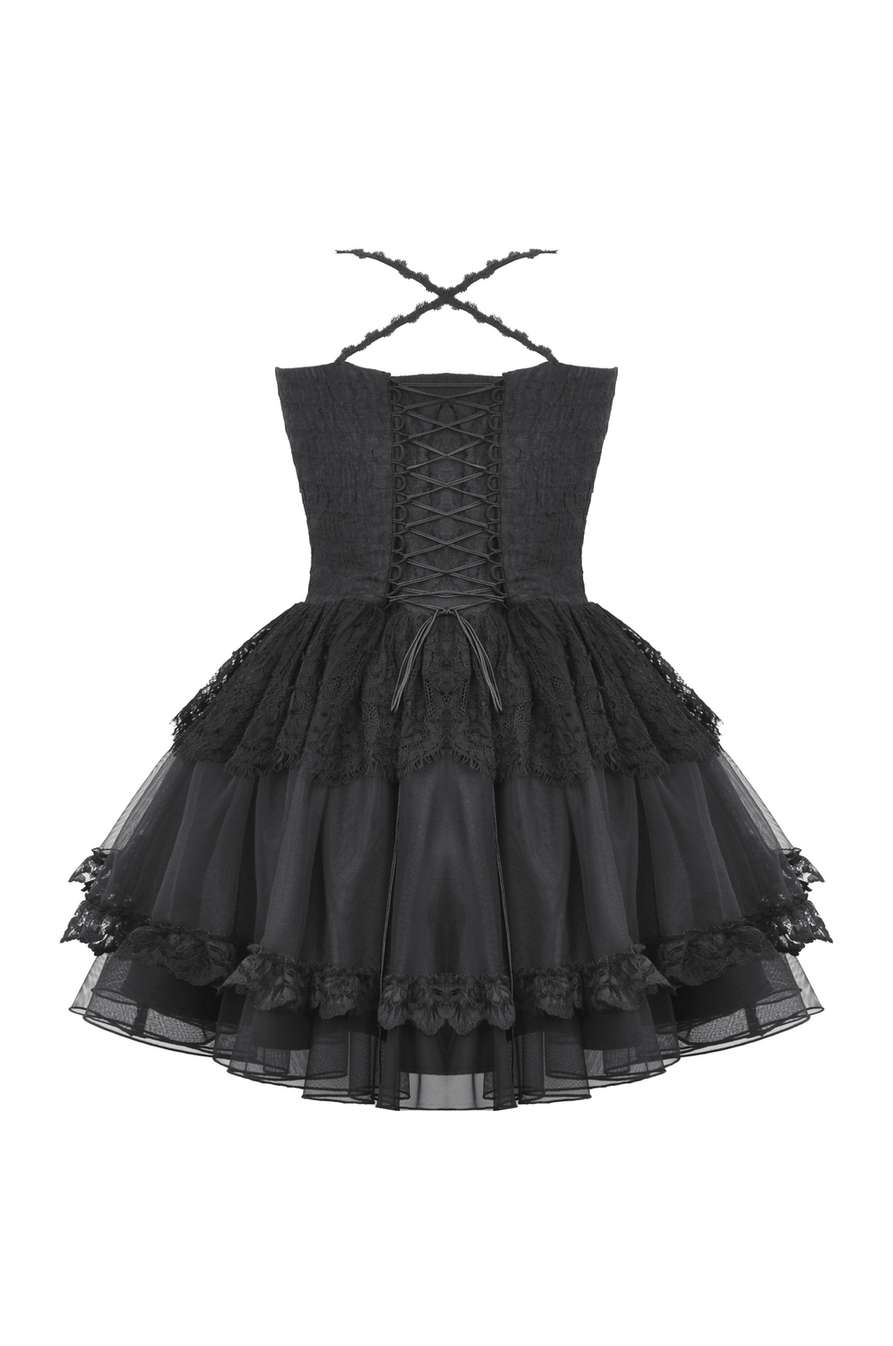 Elegant back view of Gothic Lace-Up Black Tulle Dress with lace bodice and flowing tulle skirt.