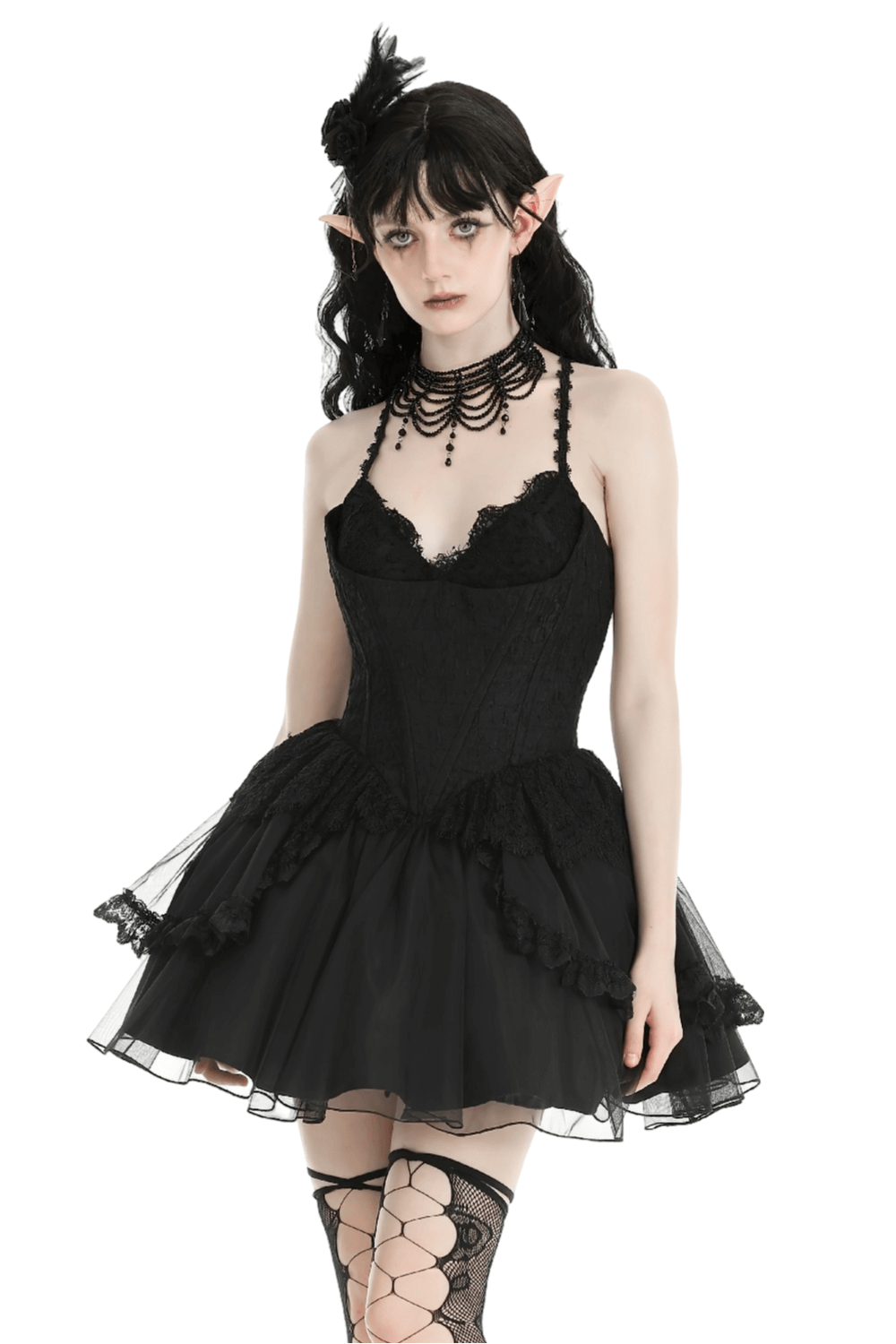 Gothic lace-up black tulle dress with corset bodice and layered tulle skirt, perfect for themed events.
