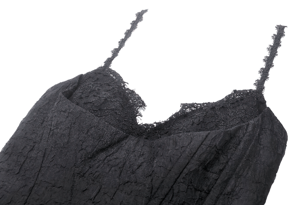 Elegant black lace dress with delicate straps and textured fabric, perfect for gothic-inspired fashion.