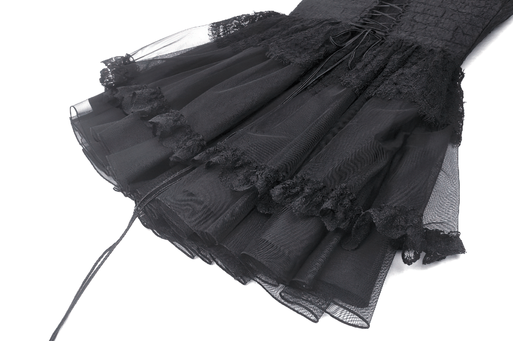 Elegant black tulle dress with lace overlay and flowing skirt, perfect for gothic themed parties.