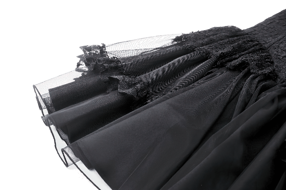 Elegant black tulle dress with lace detailing and flowing skirt, perfect for Gothic or themed events.