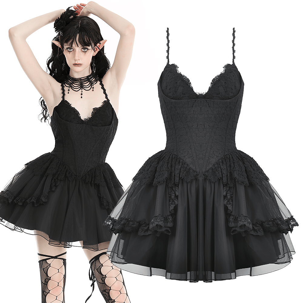 Gothic lace-up black tulle dress with corset bodice and layered skirt, perfect for themed parties and dramatic evenings.