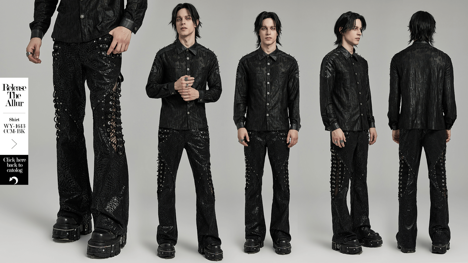 Pantalon évasé gothique à lacets en sergé noir pour hommes