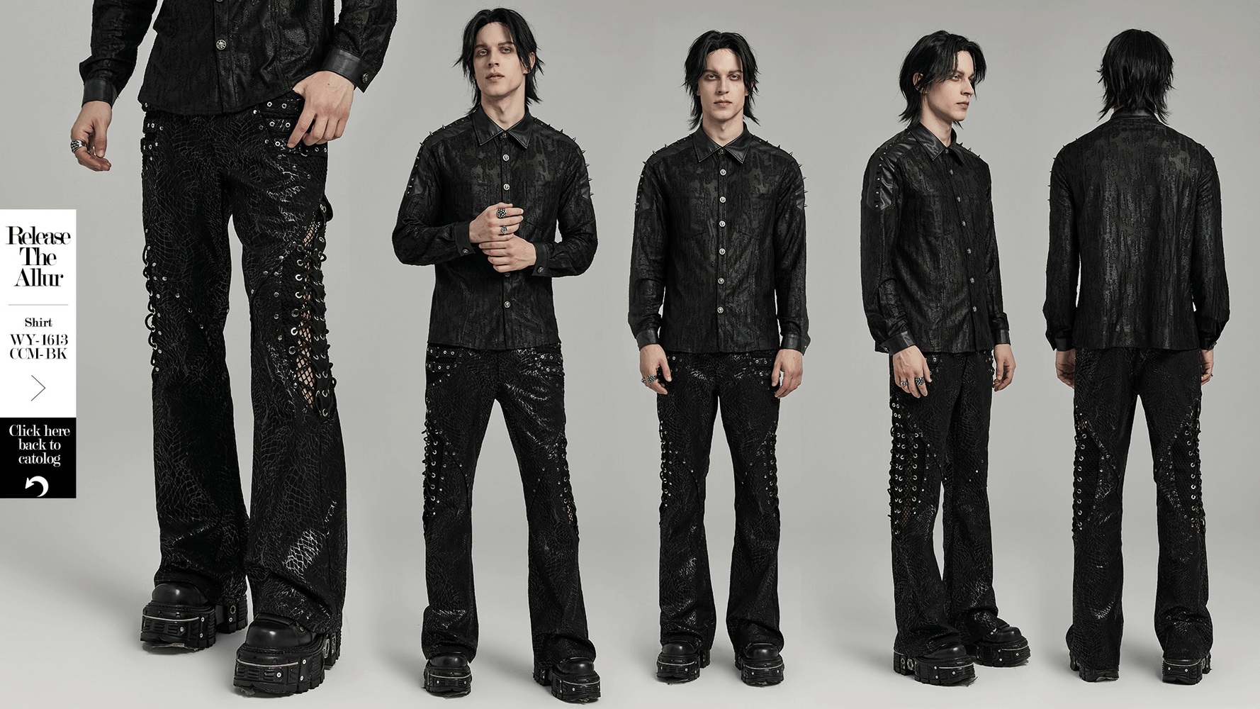 Men's gothic black twill flare pants with rivet details and edgy mesh accents, perfect for a punk fashion statement.