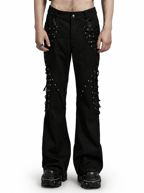 Gothic  Lace-up Black Twill Flare Pants for Men