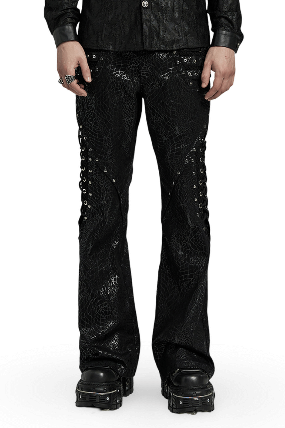 Gothic  Lace-up Black Twill Flare Pants for Men
