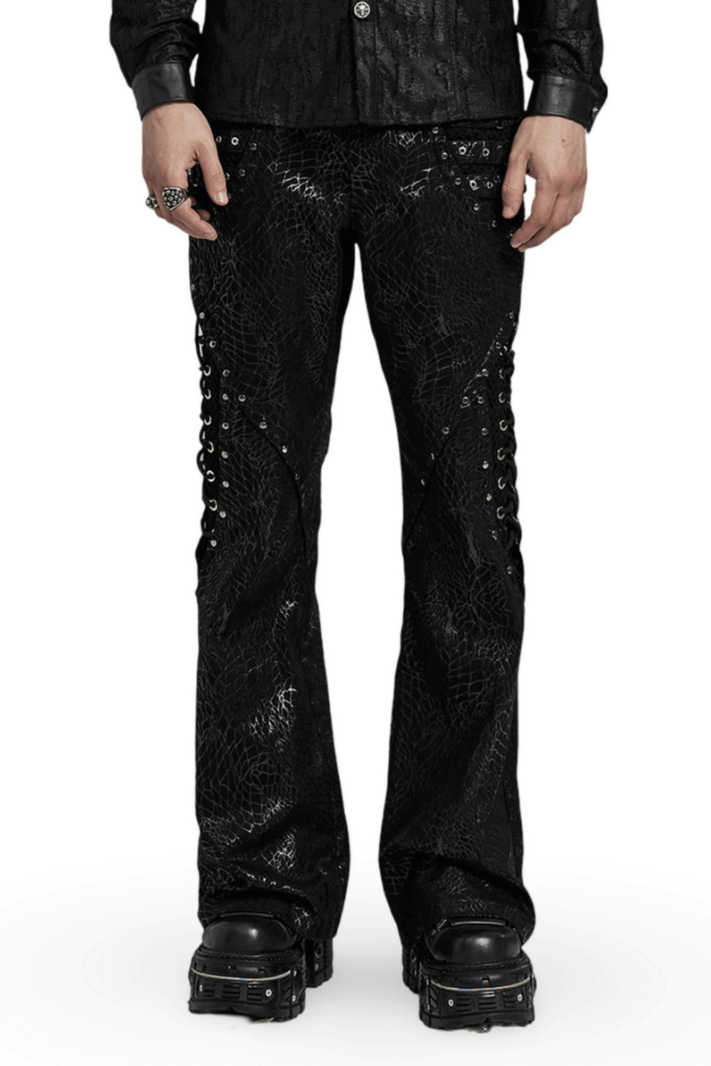 Gothic lace-up black twill flare pants for men with rivet mesh sides and a punk flair.