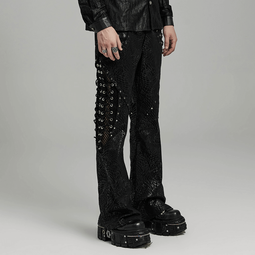 Men's Gothic lace-up black twill flare pants featuring edgy rivet mesh sides and a punk-inspired design.