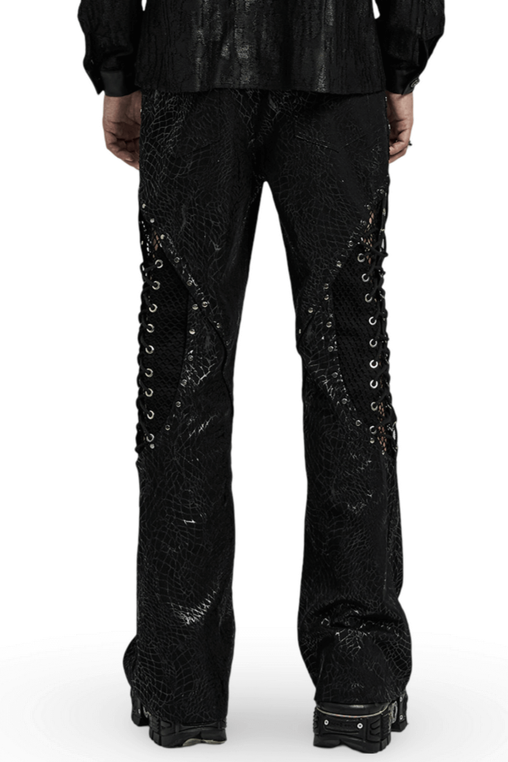 Back view of Gothic lace-up black twill flare pants for men, featuring edgy rivet mesh sides and a bold design.