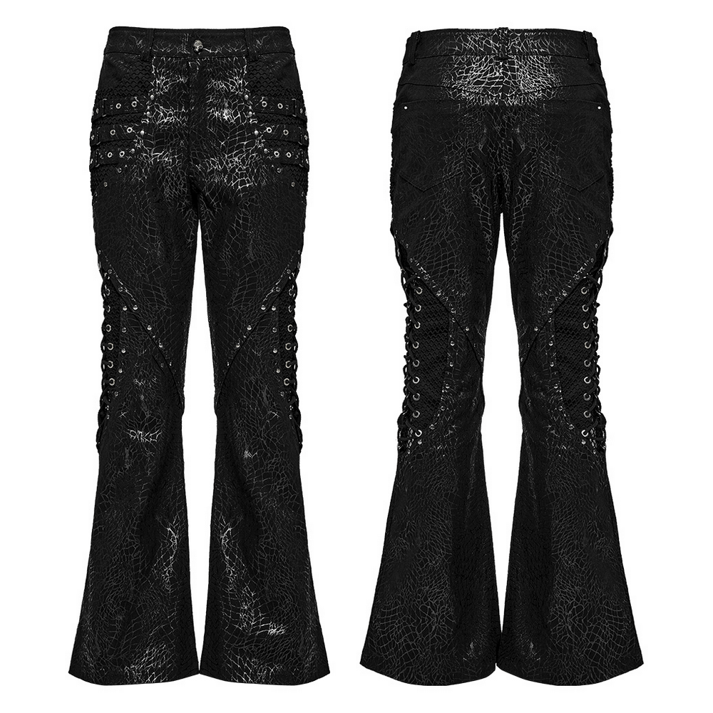 Gothic lace-up black twill flare pants for men with rivet mesh side design and punk flair.