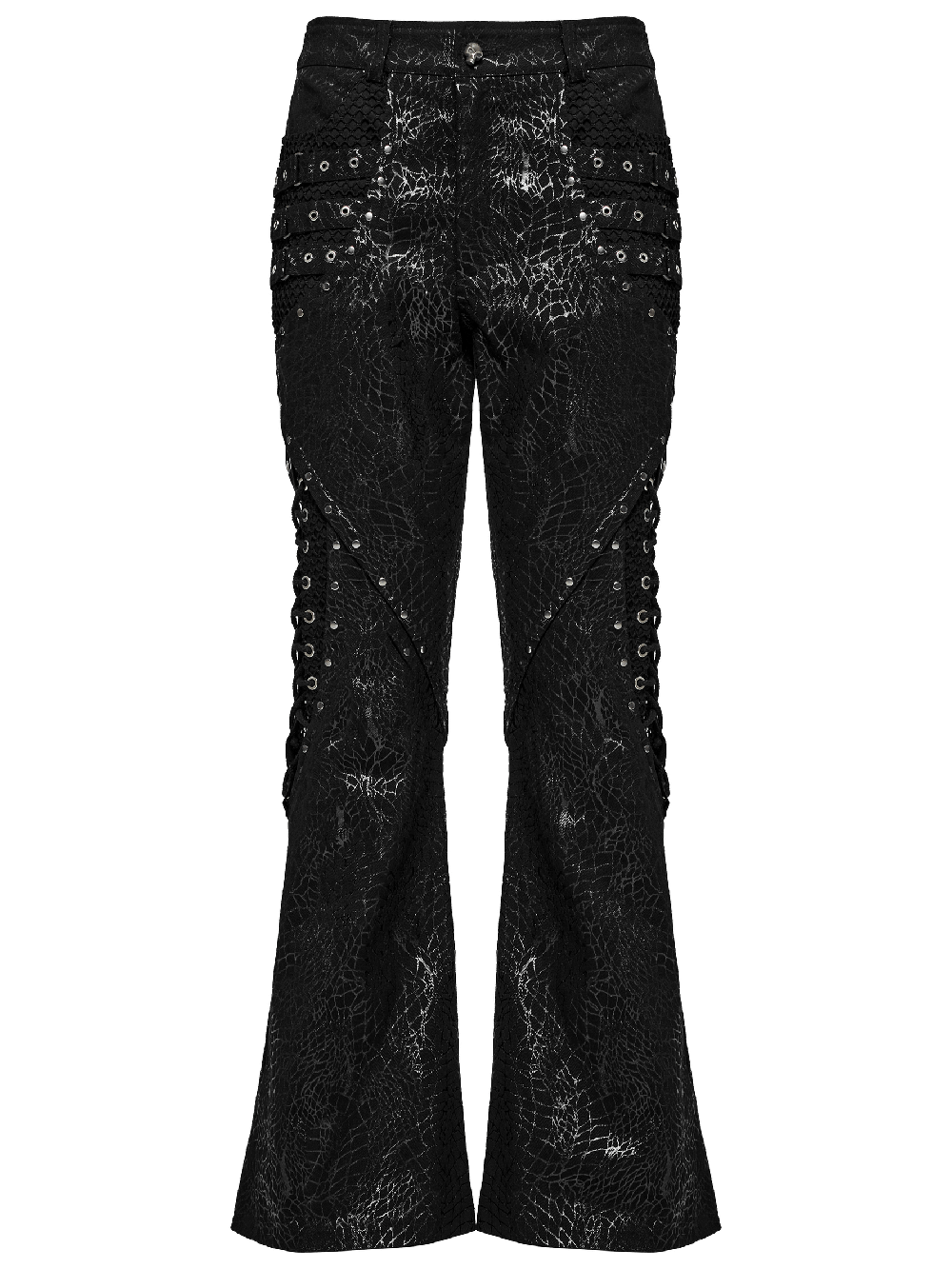 Gothic lace-up black twill flare pants with rivet mesh side for men, adding edgy punk style to any outfit.