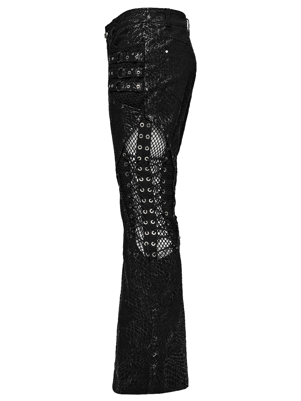 Gothic lace-up black twill flare pants for men with mesh and rivet details, showcasing edgy punk style.