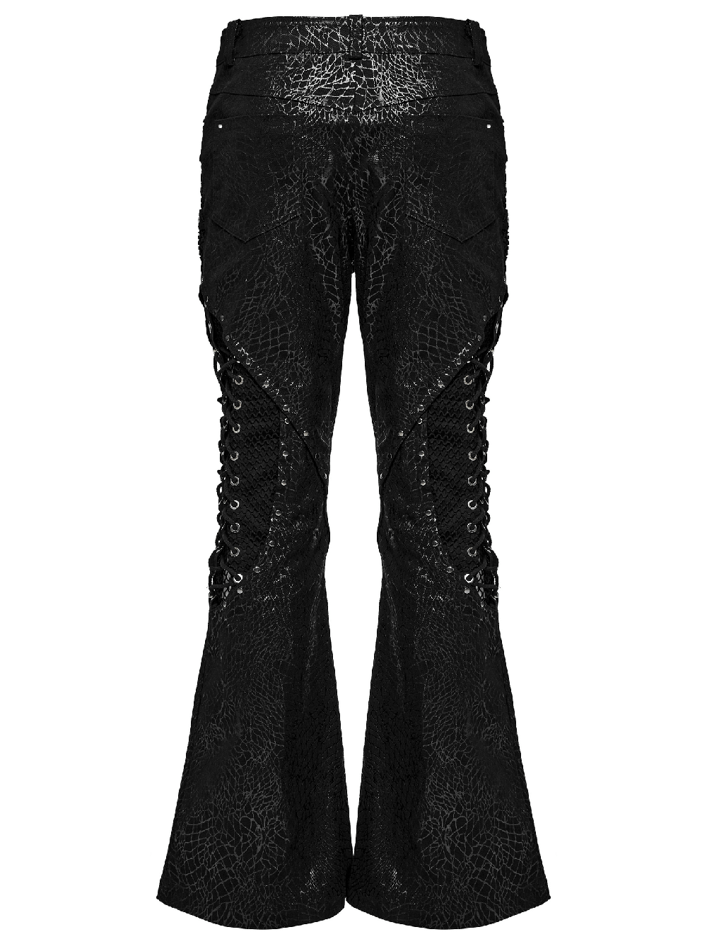 Gothic lace-up black twill flare pants for men with edgy rivet mesh sides and unique silhouette design.
