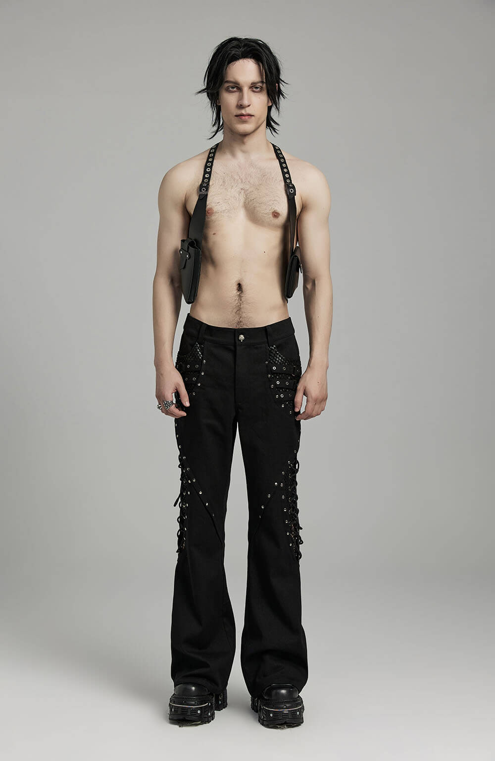 Gothic  Lace-up Black Twill Flare Pants for Men
