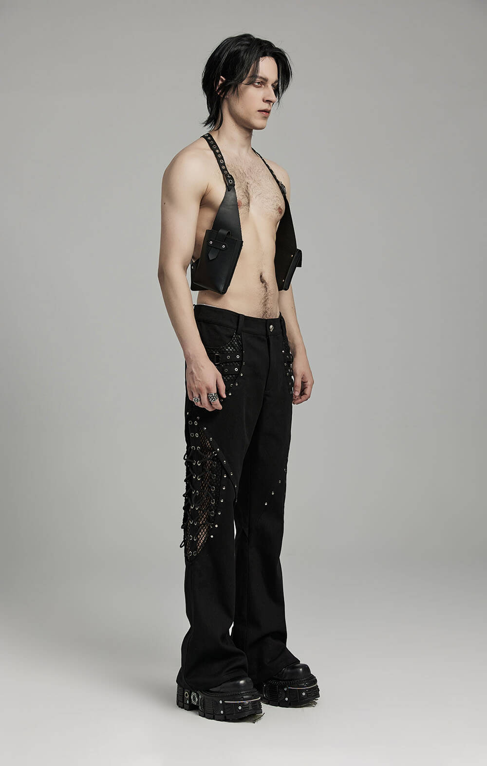 Gothic  Lace-up Black Twill Flare Pants for Men