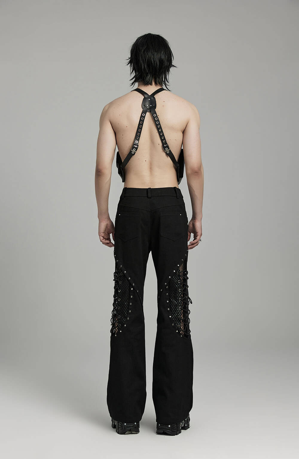 Gothic  Lace-up Black Twill Flare Pants for Men