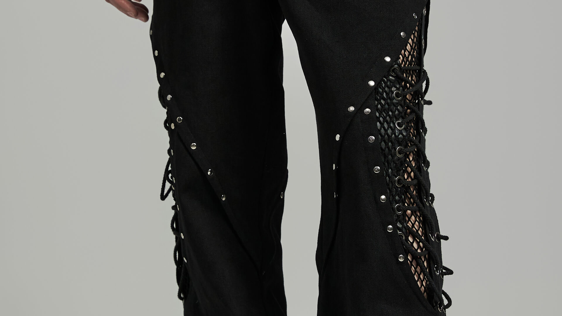 Gothic  Lace-up Black Twill Flare Pants for Men