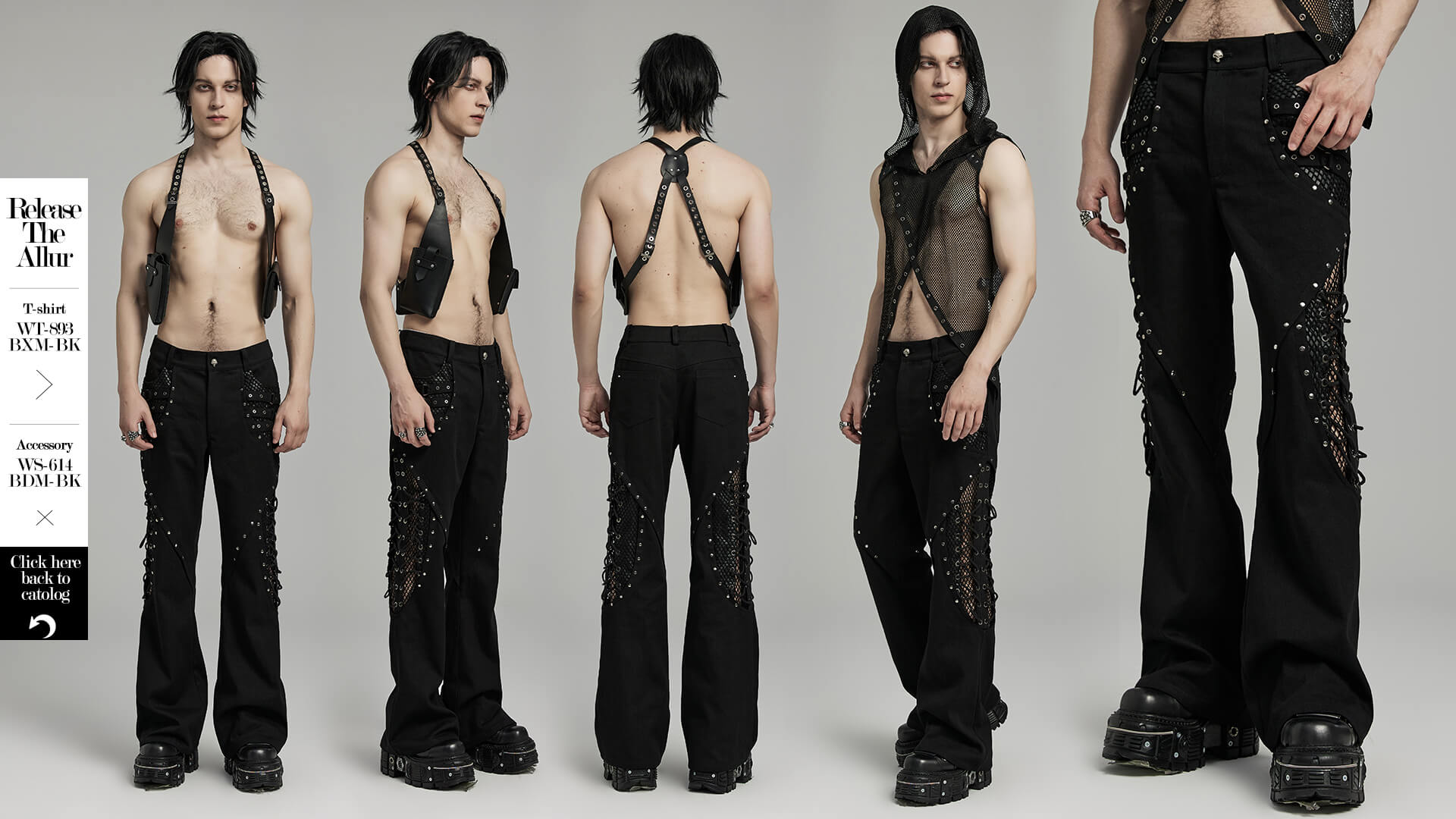 Gothic  Lace-up Black Twill Flare Pants for Men