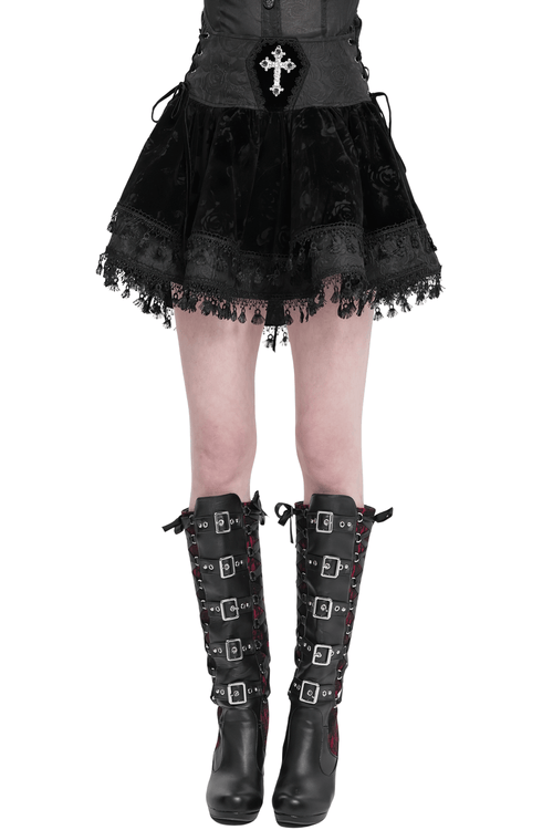 Gothic Lace-Up Black Velvet Skirt with Cross Embellishment