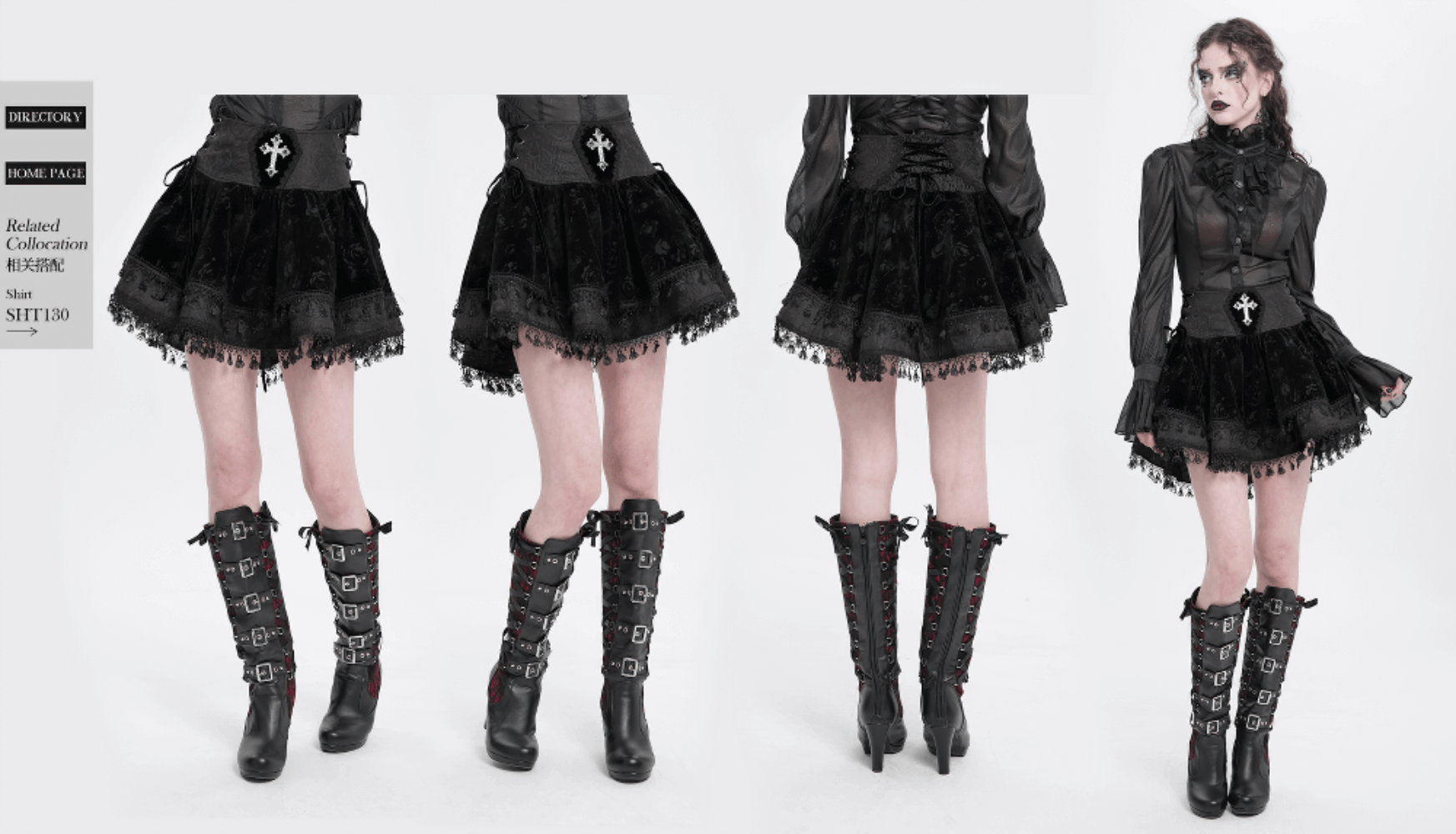 Gothic high-waist black velvet skirt featuring lace-up detail, embroidered cross, and tassel hem, paired with edgy black boots.