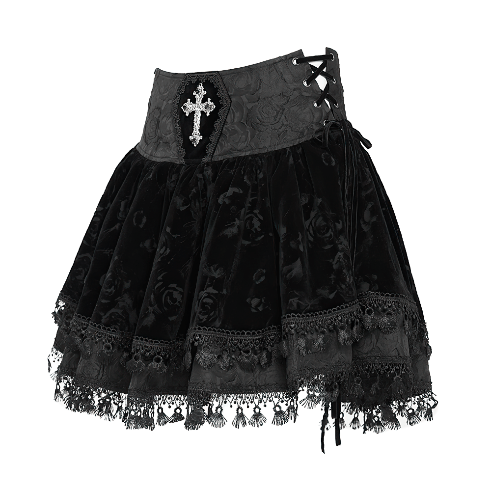 Gothic black velvet skirt with lace-up details, cross embellishment, and tassel hem, perfect for Victorian-inspired looks.