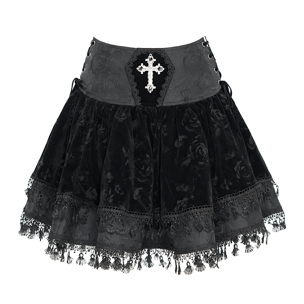 Gothic high-waist black velvet skirt with embroidered cross and tassel hem details.