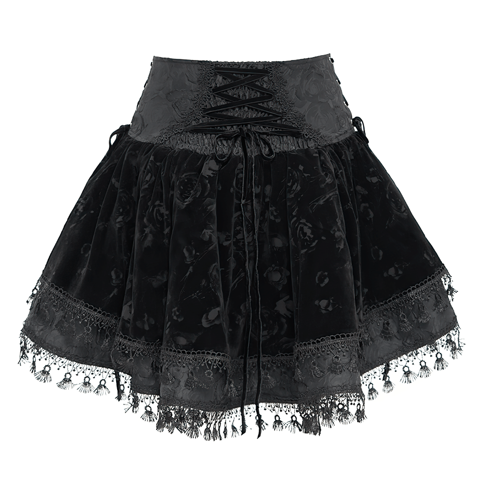 Gothic high-waist black velvet skirt with lace-up detail and embroidered cross embellishment.