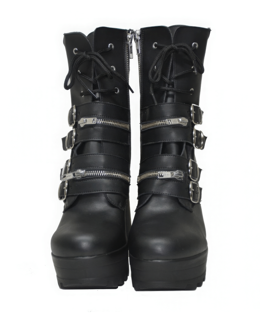 Gothic Lace-Up Booties with Chunky Heels and Zippers